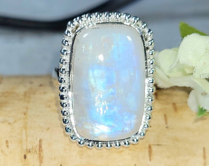 Rainbow Moonstone Ring, Moonstone Ring, Sterling Silver Moonstone Ring, Moonstone Ring Size 7, Statement Ring, Boho Ring, Natural Stone DL