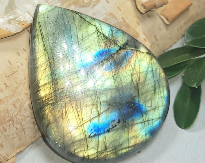 Natural Large Multi Flash Labradorite Pear Cabochon 115ct 23 Grams 49mm x 38mm Wire Wrapping, Weaving or Pendant, Collector AT26