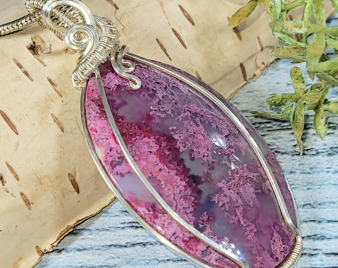 Handmade Sterling Silver Wire Wrapped Purple Moss Agate Pendant