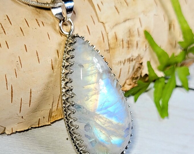 Natural AAA Grade Full Multi Color Flash Rainbow Moonstone .925 Sterling Silver Pendant 2 1/8" x 1" 16 Grams AG64