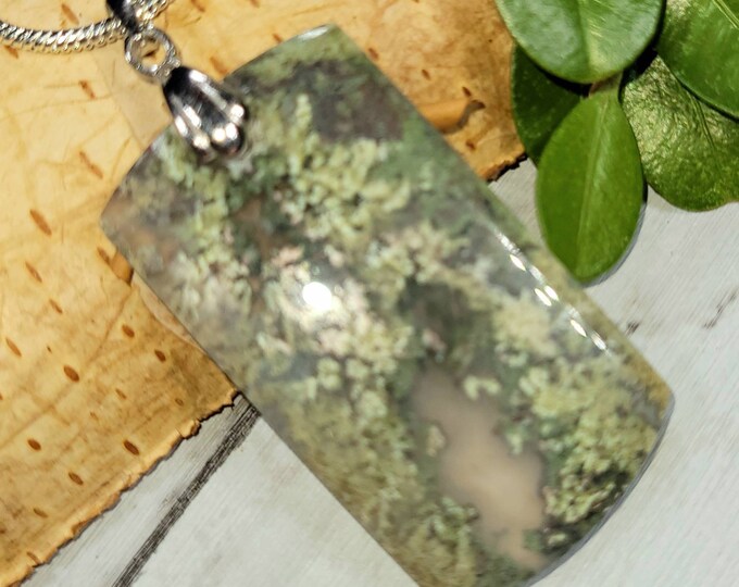 Moss Agate Pendant, Moss Agate Cabochon Sterling Silver Pendant, DE31, Gift for Her, Handmade Pendant, Premium Grade, Statement Pendant