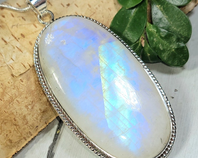 Natural AAAA Huge Grade Multi Full Flash Oval Rainbow Moonstone .925 Sterling Silver Pendant Measures 2 7/8" x 1 1/4" Weighs 31 Grams CF32