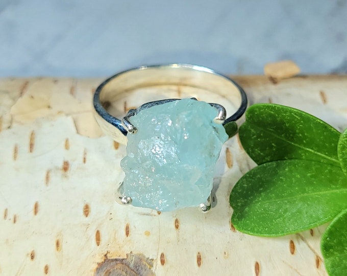 Natural Raw Rough Cut Aquamarine Handmade .925 Sterling Silver Ring Size 8 3/4 5.0 Grams 3/4" x 1/2" BA16