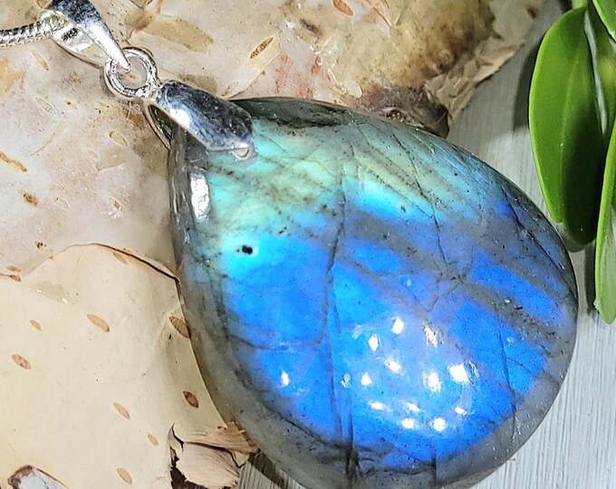 Natural Premium Blue & Green Flash Labradorite Pear Cabochon .925 Sterling Silver Pendant 1 5/8" x 1" EM33 Custom Fit Bail