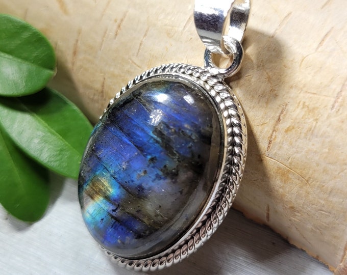 Natural Best Grade Multi Flash Labradorite Oval Handmade .925 Sterling Silver Pendant 1 1/2" x 7/8" 9 Grams CO23 Gift for Her
