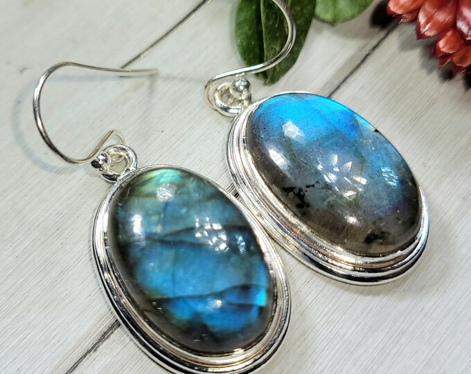 Natural Premium Blue Flash Labradorite Oval Handmade .925 Sterling Silver Earrings 12 Grams 1 5/8" x 5/8" CS38 Gift for Her Dangle Earrings