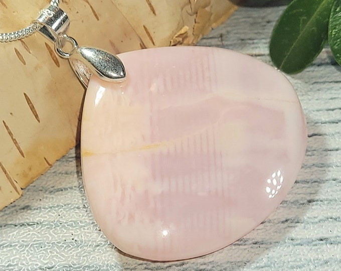 Natural High Grade Rare Peru Pink Opal Cabochon Handmade .925 Sterling Silver Pendant 1 5/8" x 1 3/8" AK11 Custom Fit Sterling Silver Bail
