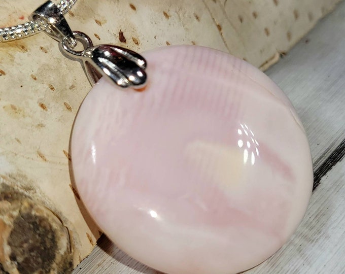 Natural AAA Peru Pink Opal Round Cabochon Handmade .925 Sterling Silver Pendant  5/8" x 1 1/8" DA25 Rhodium Plated Sterling Silver Bail