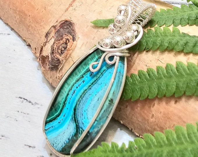 Malachite Chrysocolla Pendant, Malachite Chrysocolla Wire Made Sterling Silver Pendant, Gift for Her, Statement Pendant, FS01