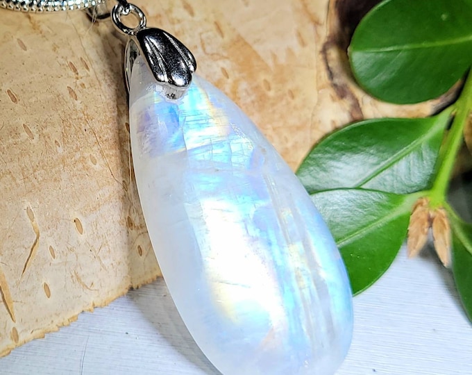 Moonstone Pendant, Rainbow Moonstone Pear Cabochon Sterling Silver Pendant, Multi Color Flash, Gift for Her, Handmade Pendant, DN40