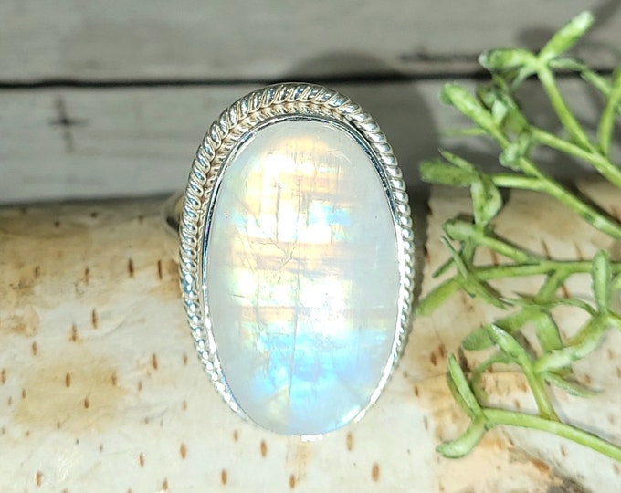 Moonstone Ring, Rainbow Moonstone Sterling Silver Ring, Premium Grade Moonstone Ring, Size 8.25, Statement Ring, Handmade Ring, GJ