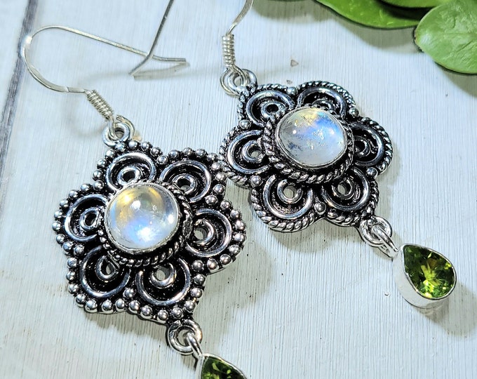 Natural Moonstone & Peridot .925 Sterling Silver Earrings 10 Grams 2 3/8" x 1" J14