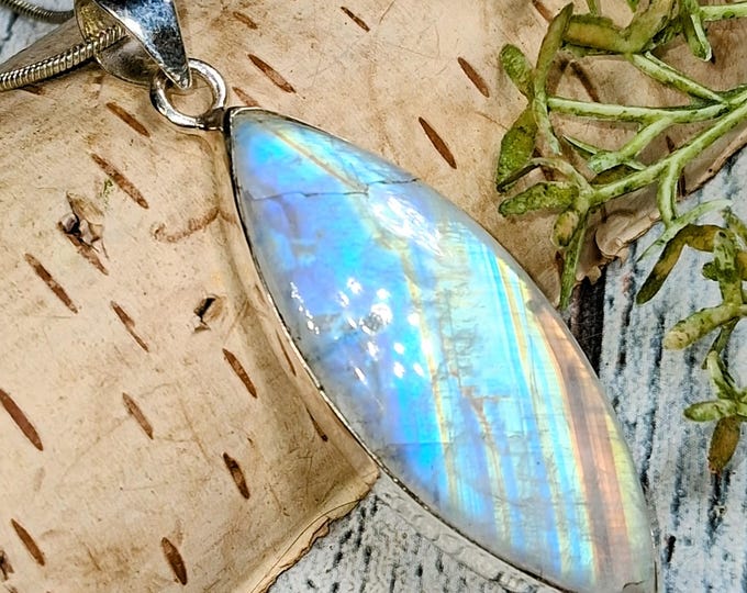 Marquise Rainbow Moonstone Sterling Silver Pendant: Handmade Moonstone Pendant, KB33