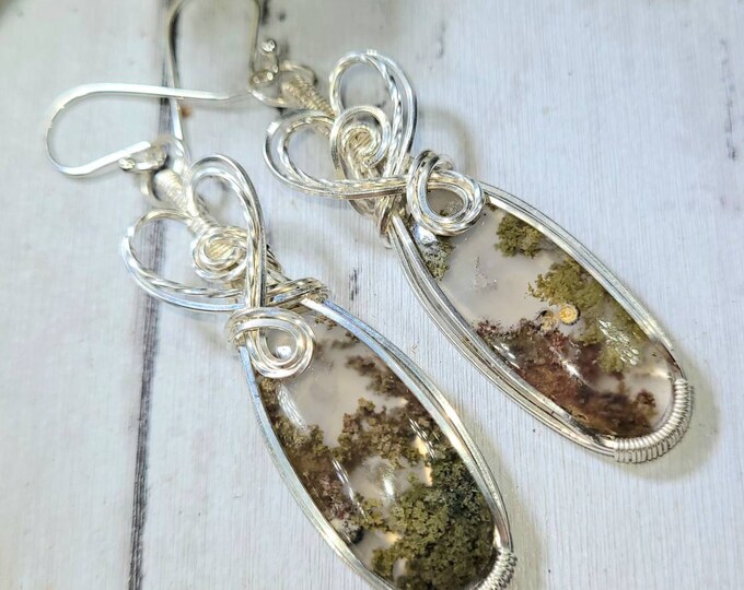 Moss Agate Earrings, Moss Agate Wire Wrapped Earrings, Sterling Silver Wire Wrapped Earrings, Green Moss Agate Wire Wrap Earrings DG