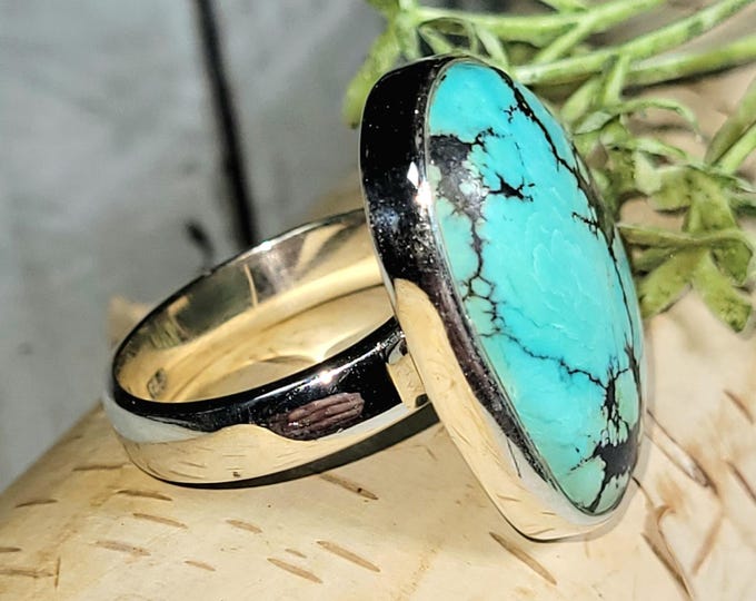 Tibetan Turquoise Sterling Silver Ring,Turquoise Boho Ring, Statement Ring; Handmade Ring, Premium Tibet Turquoise,Quality Ring Size 7.5 HP