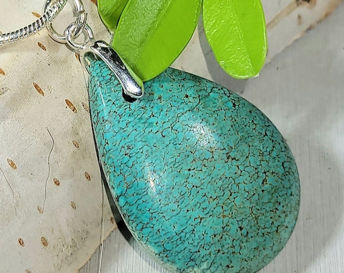 Natural High Quality Tibet Turquoise Pear Cabochon .925 Sterling Silver Pendant 1 1/2" x 13/16" EH24