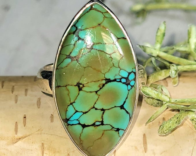 Tibetan Turquoise Ring, Tibet Turquoise Sterling Silver Ring Size 8, Handmade Turquoise Ring,  Boho Turquoise Ring, Marquise Ring, HP