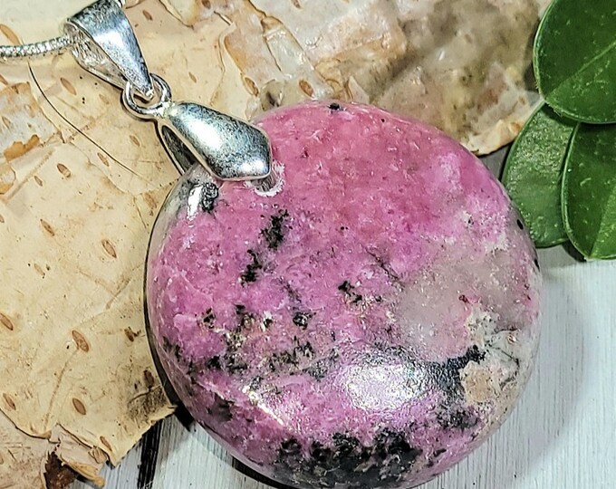 Natural Rare High Grade Pink Cobalt Calcite Round Cabochon .925 Sterling Silver Pendant EA07 2" x 1 1/8" Designer Bail