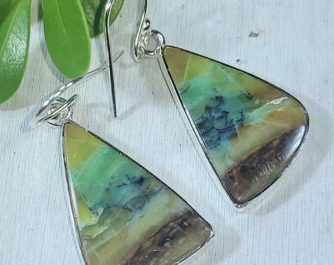 Natural Rare Premium Grade Blue Opalized Wood Handmade .925 Sterling Silver Earrings 5 Grams 1 1/2" x 5/8" CM11 Gift for Her Genuine Stones