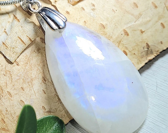 Natural AA Best Grade Moonstone Sterling Silver Pendant Bead 1 5/8" x 3/4" AE04 Solid Sterling Silver Rhodium Plated Bail