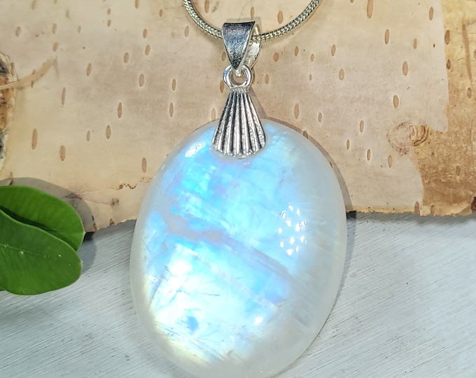 Natural AAAA Rainbow Moonstone Oval Cabochon Reversible 55Ct .925 Sterling Silver Pendant Heavy Duty Designer Sterling Silver Bail CJ01