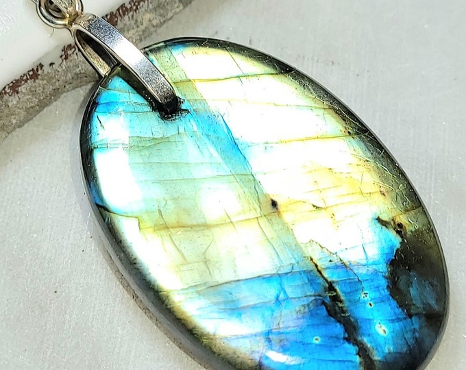 Natural High Grade Multi Flash Labradorite Cabochon .925 Sterling Silver Pendant 2 1/8" x 1"  ED28 Sterling Silver Heavy Duty Bail