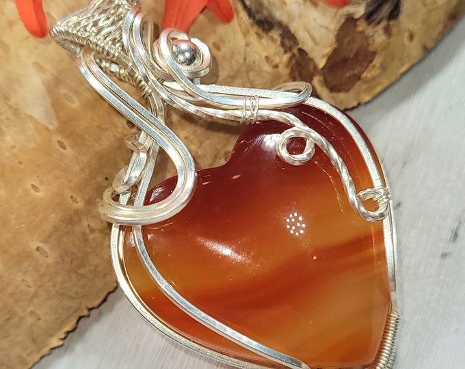 Carnelian Pendant, Carnelian Heart Wire Wrapped .925 Silver Pendant, Carnelian Sterling Silver Wire Wrapped Pendant, Handmade Pendant FF01