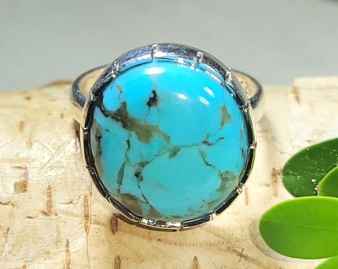 Natural High Grade Arizona Kingman Turquoise .925 Sterling Silver Ring Size 6 Weighs 5 Grams Face Measures 5/8" Round CE21