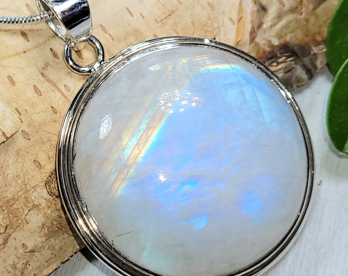Natural AAA Grade Multi Full Flash Round Rainbow Moonstone .925 Sterling Silver Pendant Measures 2" x 1 1/2" Weighs 22 Grams CA35