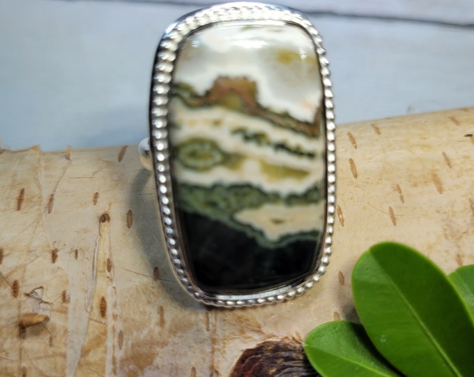 Natural High Quality Ocean Jasper Rectangle Handmade .925 Sterling Silver Ring Size 8.5 Genuine Ocean Jasper Gift for Her