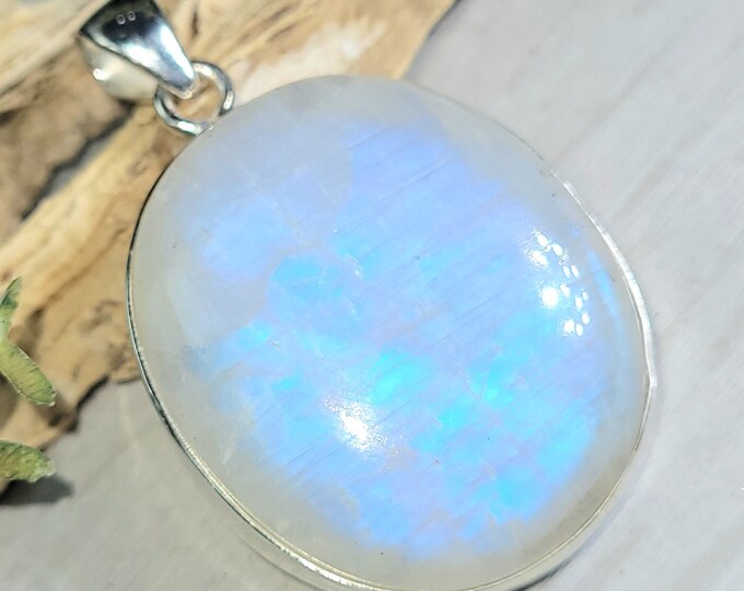Moonstone Pendant, Rainbow Moonstone Oval Cabochon Sterling Silver Pendant, Blue Color Flash, Gift for Her, Handmade Pendant, GE02