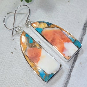 Natural Top Quality Color Spiny Oyster Turquoise .925 Sterling Silver Earrings 10.9 Grams 2&quot; x 5/8&quot; FU25 Genuine Stones Gift for Her