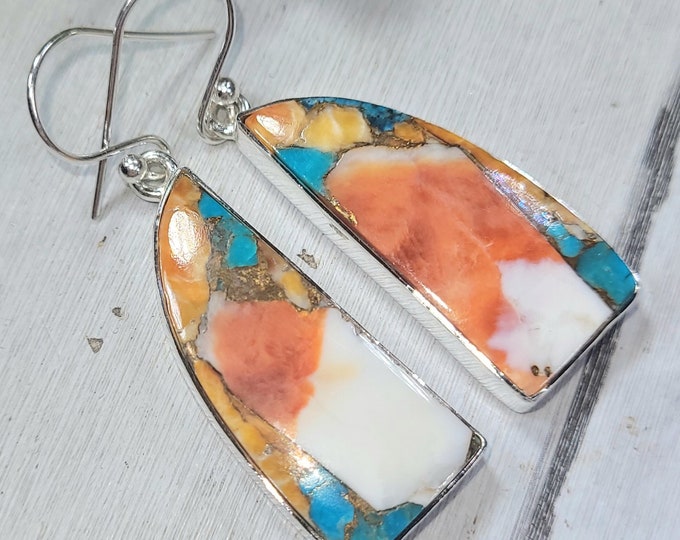 Natural Top Quality Color Spiny Oyster Turquoise .925 Sterling Silver Earrings 10.9 Grams 2" x 5/8" FU25 Genuine Stones Gift for Her
