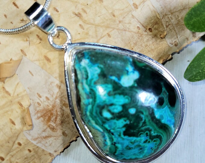 Natural AAA Malachite Chrysocolla Handmade Pear .925 Sterling Silver Pendant Weighs 13 Grams Measures 1 7/8" x 1 1/8" CS10 Gift For Her