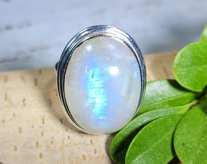 Natural AAA Blue Flash Oval Moonstone Handmade .925 Sterling Silver Ring Size 8 Genuine High Quality Moonstone Gift for Her