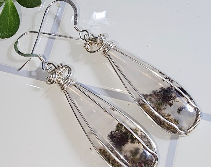 Moss Agate Earrings, Moss Agate Wire Wrapped Earrings, Sterling Silver Wire Wrapped Earrings, Green Moss Agate Wire Wrap Earrings GD17
