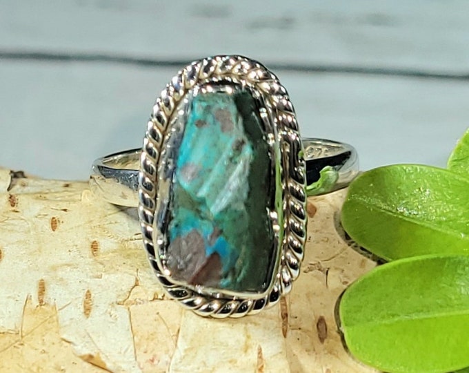Natural Raw Rough Cut Chrysocolla Handmade .925 Sterling Silver Ring Size 6.5 4 Grams 3/4" x 7/16" CD25