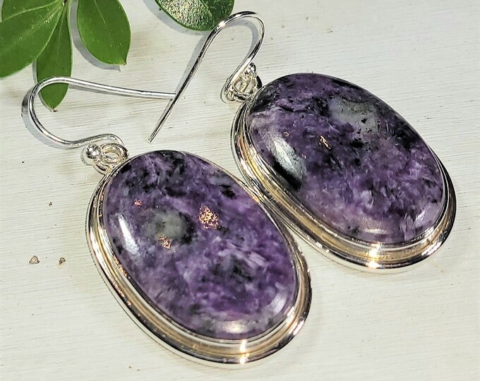 Natural Best Grade Charoite Handmade Oval .925 Sterling Silver Earrings 14 Grams 1 5/8" x 3/4" AQ46