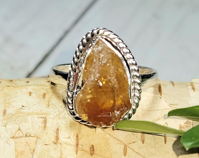 Natural Golden Orange Raw Rough Cut Citrine Handmade .925 Sterling Silver Ring Size 7.5 4 Grams 5/8" x 1/2" CA01