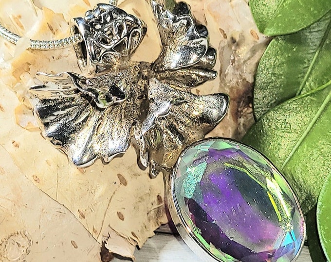 Natural Rainbow Mystic Quartz Estate .925 Sterling Silver Pendant measures 1 5/8" x 1" 9 Grams G17