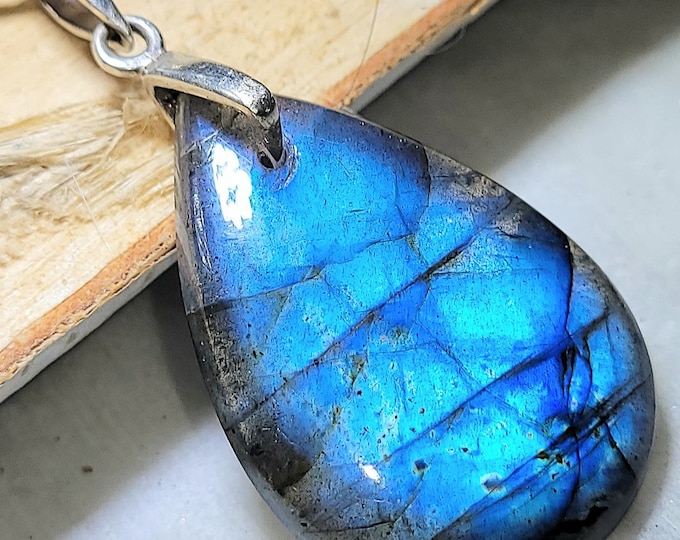 Natural Top Grade Blue Flash Labradorite Pear Cabochon  .925 Sterling Silver Pendant 1 7/8" x 1" EE29