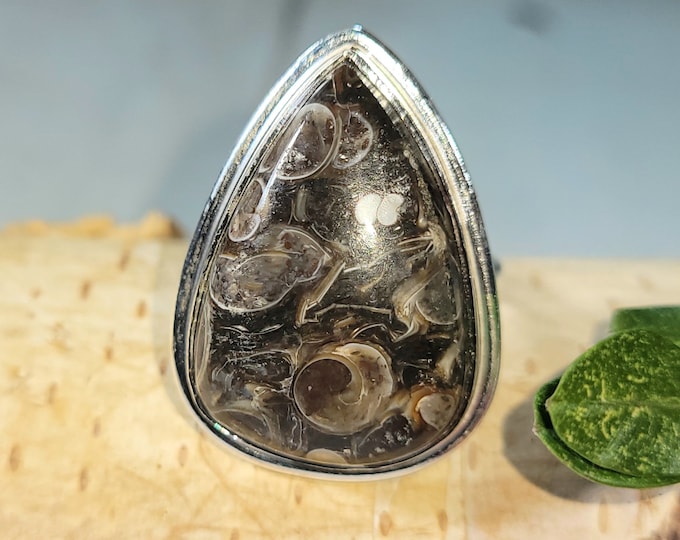 Natural Top Quality Large Turritella Agate Pear Handmade .925 Sterling Silver Ring Size 8. Genuine Turritella Jasper Gift for Her CS
