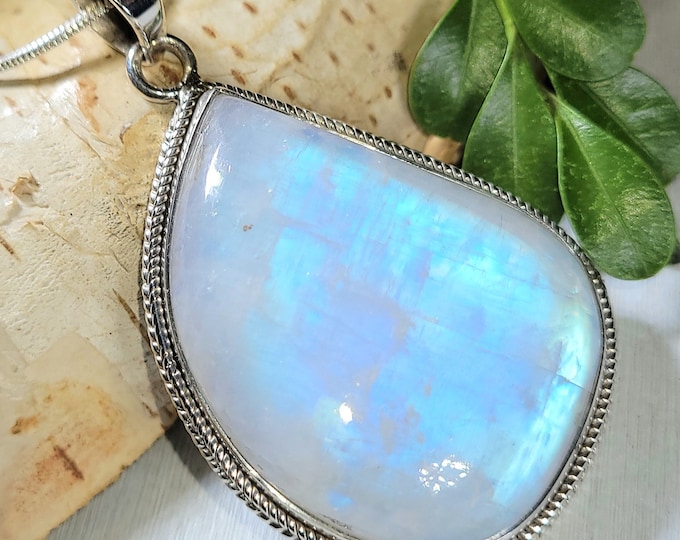 Natural AAAA Grade Multi Full Flash Rainbow Moonstone .925 Sterling Silver Pendant Measures 2 1/8" x 1 5/8" Weighs 22 Grams AN09