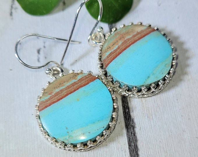 Blue Opal Earrings, Petrified Wood Earrings, Sterling Silver Blue Opalized Petrified Earrings, Sterling Silver Blue Opal Earrings DN09