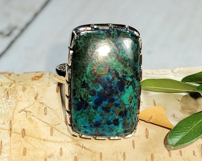 Natural Rare Shattuckite Handmade Rectangle .925 Sterling Silver Ring Size 6 8 Grams Face 7/8" x 5/8" CA11
