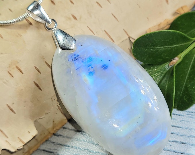 Natural AAA Grade Rainbow Moonstone Oval Cabochon .925 Sterling Silver Pendant 2 1/8" x 7/8" Sterling Silver Bail AK03