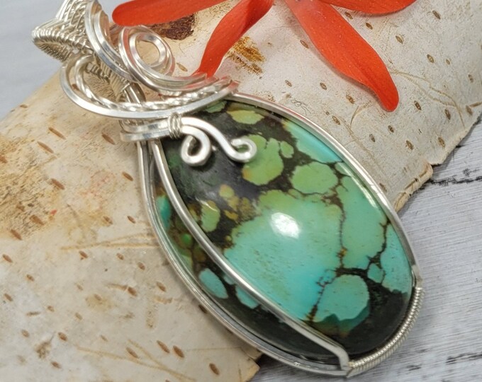 Tibetan Turquoise Pendant, Tibetan Turquoise Wire Wrapped Pendant, .925 Sterling Silver wire wrapped, , Handmade Pendant FD13