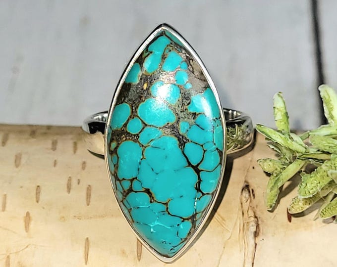 Tibetan Turquoise Ring, Boho Ring,Sterling silver ring, Statement ring, Premium Tibet Turquoise, Quality Ring Size 6.75 HP Marquise Ring