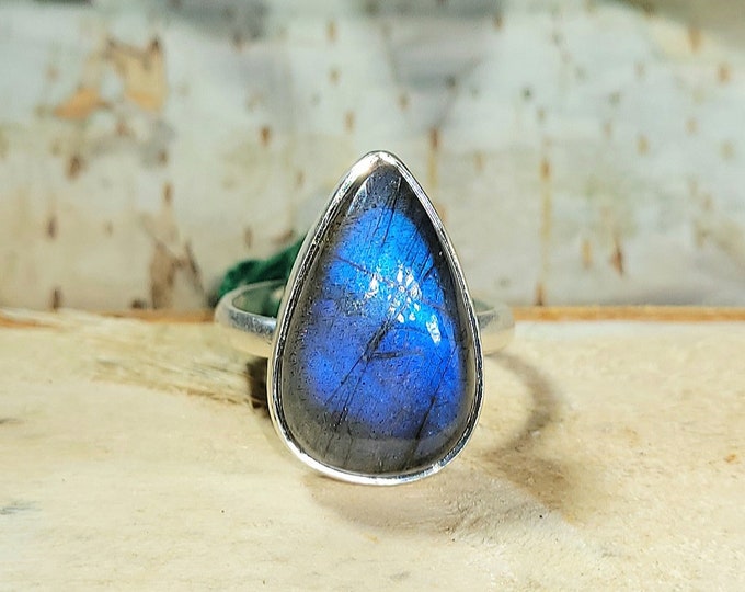 Natural Blue Flash Labradorite .925 Sterling Silver Ring Size Adjustable 6.5-7.5 5 Grams 3/4" x 1/2" EF37
