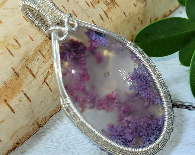 Purple Moss Agate Pendant, Moss Agate Wire Wrapped Silver Pendant, Sterling Silver Wire Wrapped pendants, Handmade Stone Jewelry DP19